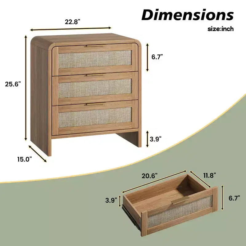 Lot de 2 tables de chevet en rotin avec 3 tiroirs, tables de nuit incurvées de 58 cm, meuble de rangement de chambre à coucher de style moderne du milieu du siècle - Panipeachy