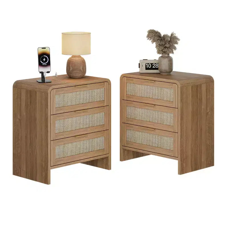 Lot de 2 tables de chevet en rotin avec 3 tiroirs, tables de nuit incurvées de 58 cm, meuble de rangement de chambre à coucher de style moderne du milieu du siècle - Panipeachy