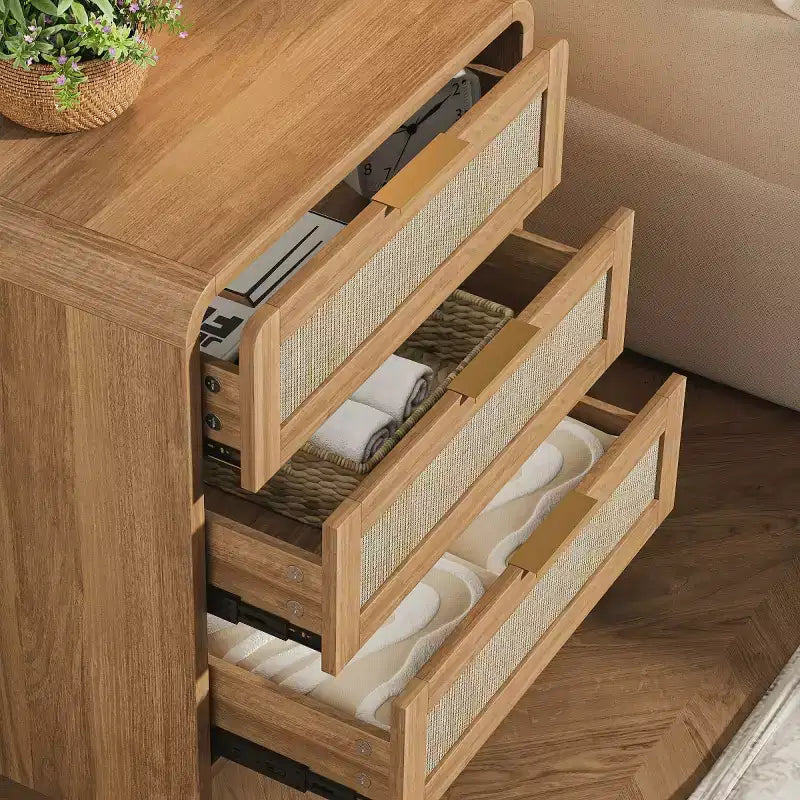 Lot de 2 tables de chevet en rotin avec 3 tiroirs, tables de nuit incurvées de 58 cm, meuble de rangement de chambre à coucher de style moderne du milieu du siècle - Panipeachy