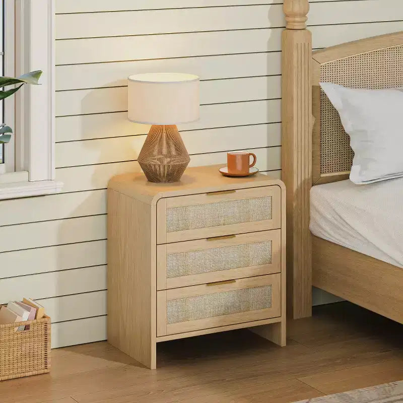 Lot de 2 tables de chevet en rotin avec 3 tiroirs, tables de nuit incurvées de 58 cm, meuble de rangement de chambre à coucher de style moderne du milieu du siècle - Panipeachy
