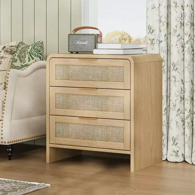 Lot de 2 tables de chevet en rotin avec 3 tiroirs, tables de nuit incurvées de 58 cm, meuble de rangement de chambre à coucher de style moderne du milieu du siècle - Panipeachy