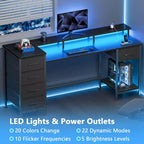 Qwatto Bureau d'ordinateur de 55 pouces avec station de charge, bureau de gaming réversible, lumières LED, tiroirs en tissu, table d'écriture pour bureau à domicile, chambre à coucher, étude, rangement