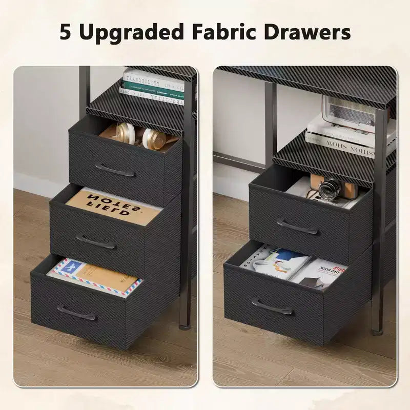 Qwatto Bureau d'ordinateur de 55 pouces avec station de charge, bureau de gaming réversible, lumières LED, tiroirs en tissu, table d'écriture pour bureau à domicile, chambre à coucher, étude, rangement