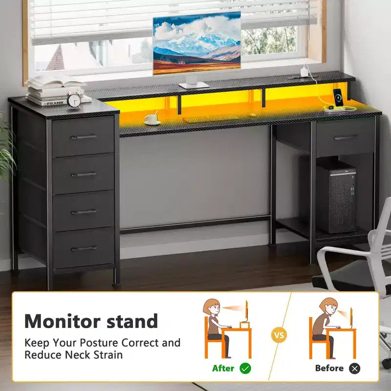 Qwatto Bureau d'ordinateur de 55 pouces avec station de charge, bureau de gaming réversible, lumières LED, tiroirs en tissu, table d'écriture pour bureau à domicile, chambre à coucher, étude, rangement