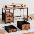 Bureau d'ordinateur brun rustique de 119 cm avec station de charge, classeur, bureau de jeu pour la maison, 2 supports de moniteur, tiroir de rangement et étagère, table d'écriture