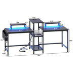 Bureau de jeu noir de 71 pouces pour deux personnes avec lumières LED, bureau double pour ordinateur, support d'écran, étagères de rangement, crochet pour casque, poste de travail de bureau à domicile