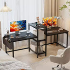 Bureau de jeu noir de 71 pouces pour deux personnes avec lumières LED, bureau double pour ordinateur, support d'écran, étagères de rangement, crochet pour casque, poste de travail de bureau à domicile