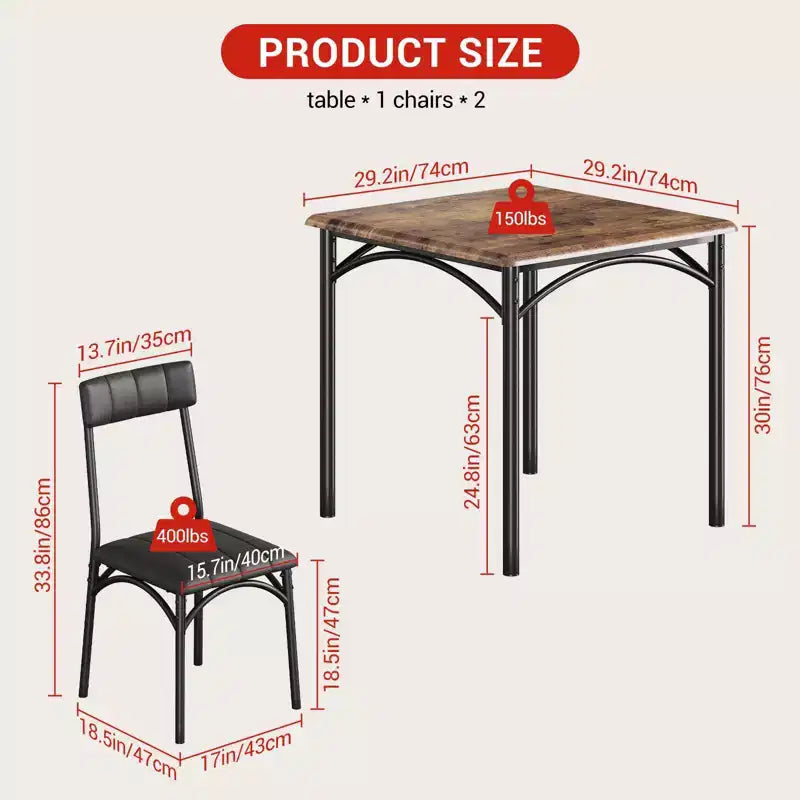 Ensemble table et chaises de salle à manger pour 2, 3 pièces, table à manger carrée, meubles de salle à manger peu encombrants, marron rustique