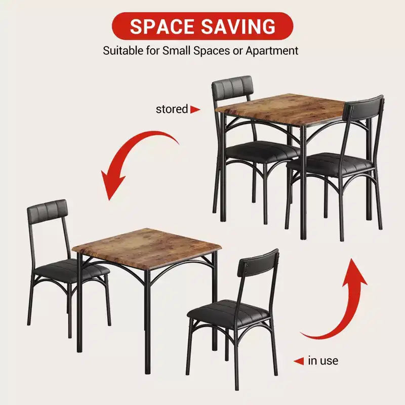 Ensemble table et chaises de salle à manger pour 2, 3 pièces, table à manger carrée, meubles de salle à manger peu encombrants, marron rustique