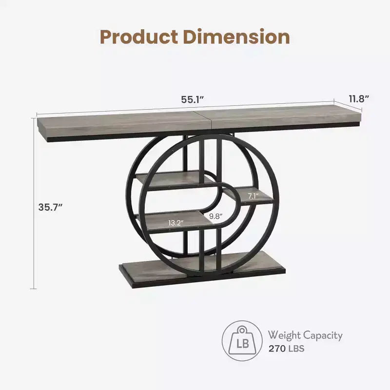 Console industrielle 55, table de canapé étroite à 5 niveaux avec cadre en métal et étagères de rangement multifonctionnelles pour salon et couloir