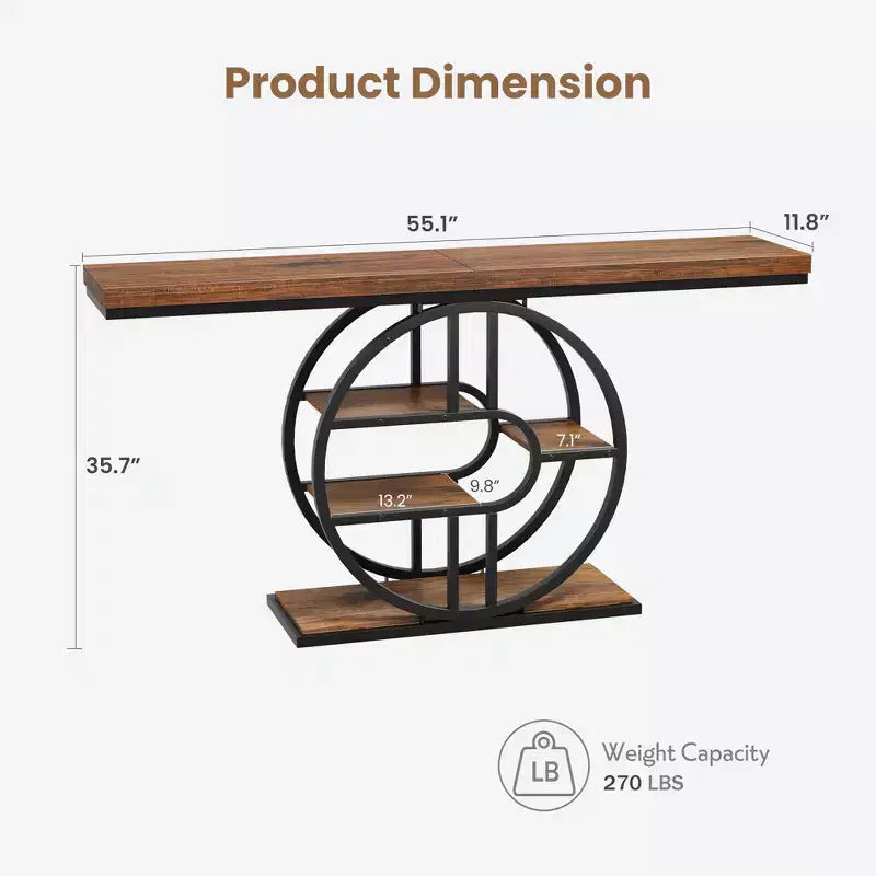 Console industrielle 55, table de canapé étroite à 5 niveaux avec cadre en métal et étagères de rangement multifonctionnelles pour salon et couloir