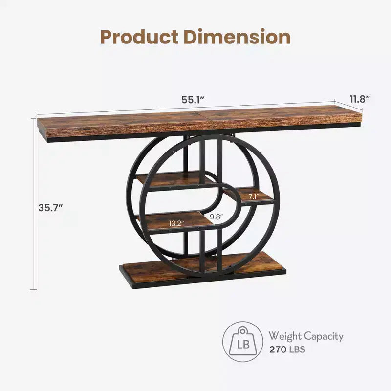 Console industrielle 55, table de canapé étroite à 5 niveaux avec cadre en métal et étagères de rangement multifonctionnelles pour salon et couloir