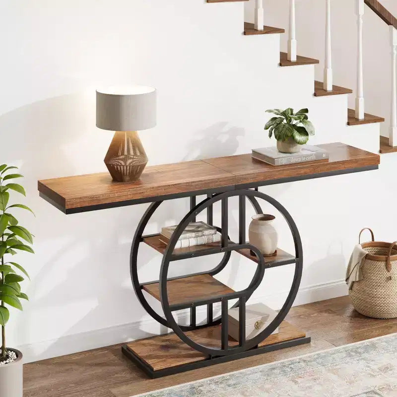 Console industrielle 55, table de canapé étroite à 5 niveaux avec cadre en métal et étagères de rangement multifonctionnelles pour salon et couloir