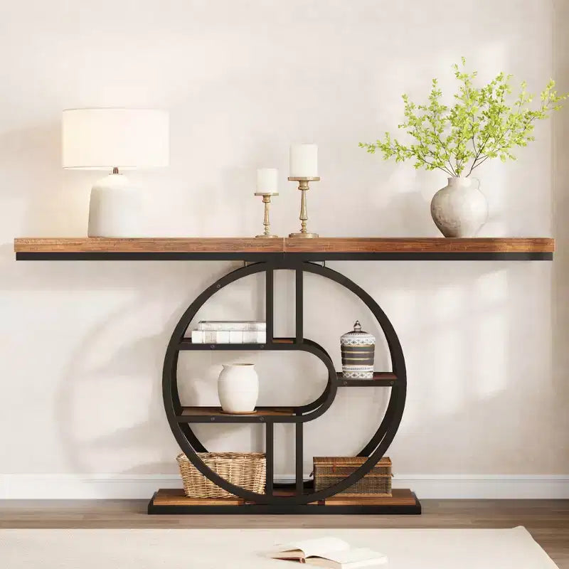 Industrial 55 Console Table, 5-Tier Narrow Entryway Sofa Table with Metal Frame & Multi-Functional Storage Shelves for Living Room & Hallway