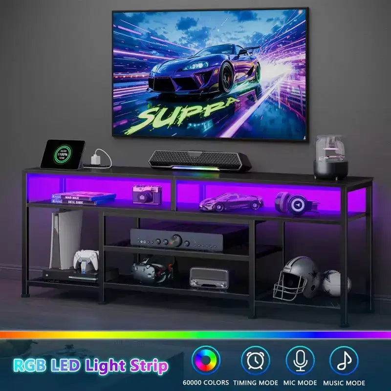 Meuble TV noir Qwatto de 63 pouces avec station de recharge, lumières LED, centre de divertissement pour TV jusqu'à 70 pouces, étagères de rangement pour console multimédia, salon