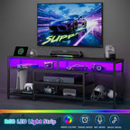 Meuble TV noir Qwatto de 63 pouces avec station de recharge, lumières LED, centre de divertissement pour TV jusqu'à 70 pouces, étagères de rangement pour console multimédia, salon