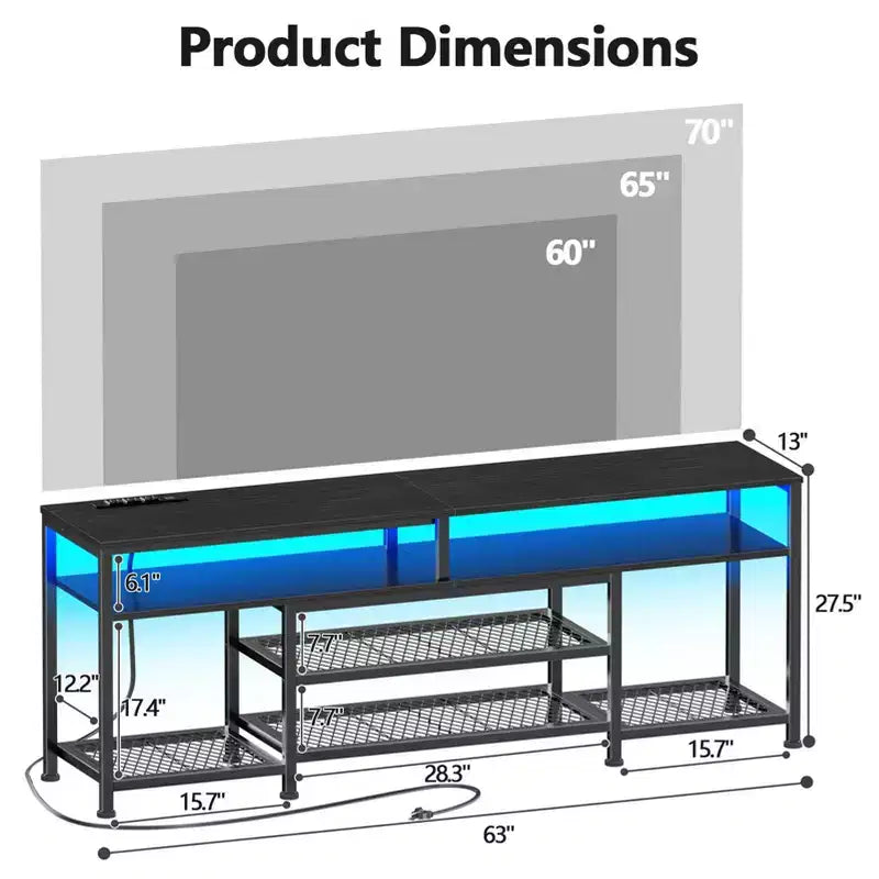 Meuble TV noir Qwatto de 63 pouces avec station de recharge, lumières LED, centre de divertissement pour TV jusqu'à 70 pouces, étagères de rangement pour console multimédia, salon