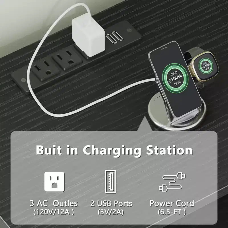 Meuble TV noir Qwatto de 63 pouces avec station de recharge, lumières LED, centre de divertissement pour TV jusqu'à 70 pouces, étagères de rangement pour console multimédia, salon