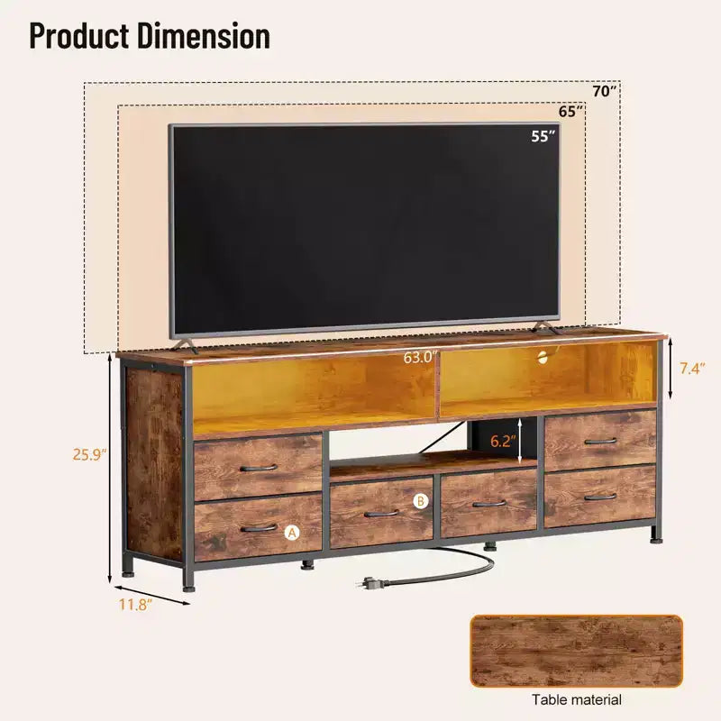 Meuble TV Qwatto de 160 cm, marron, avec station de charge, lumières LED, 6 tiroirs, centre de divertissement pour TV jusqu'à 70 pouces, console multimédia pour salon.