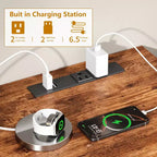 Meuble TV Qwatto de 160 cm, marron, avec station de charge, lumières LED, 6 tiroirs, centre de divertissement pour TV jusqu'à 70 pouces, console multimédia pour salon.