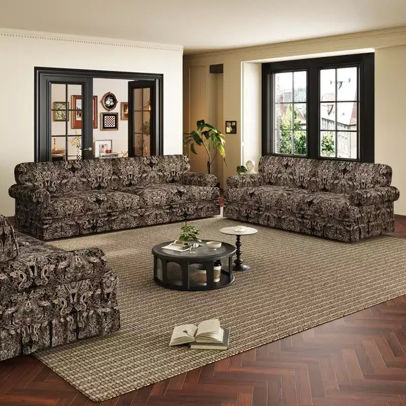 Ensemble de canapés GDFStudio Belmont de style moderne du milieu du siècle avec accoudoirs arrondis et jupe plissée