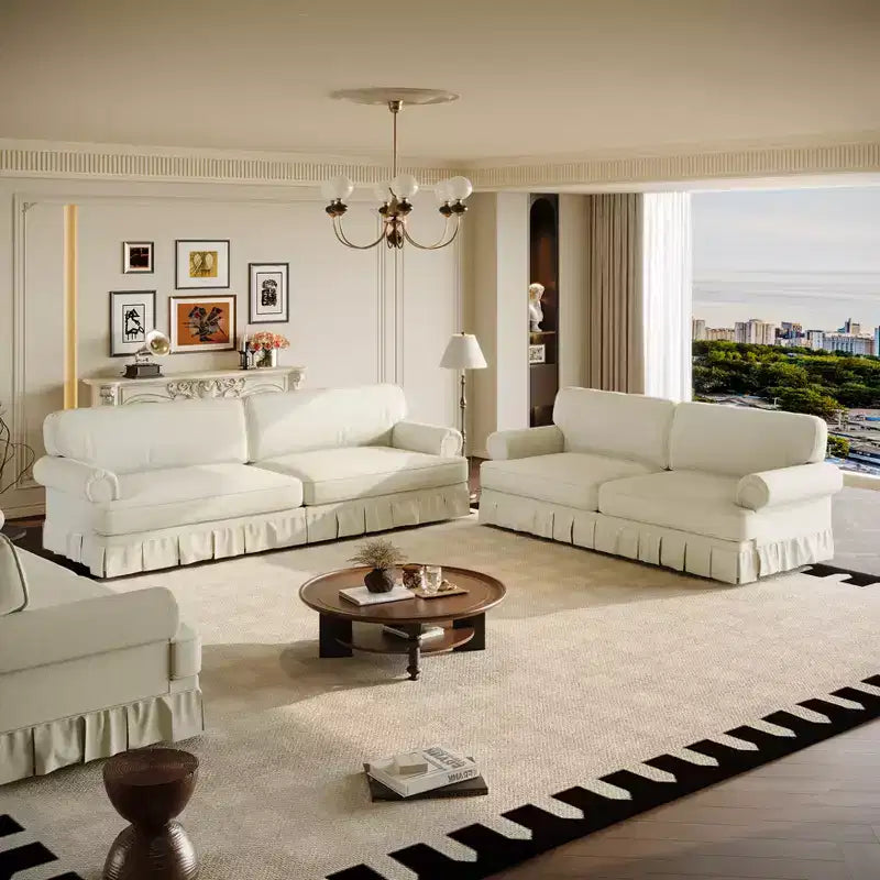 Ensemble de canapés GDFStudio Belmont de style moderne du milieu du siècle avec accoudoirs arrondis et jupe plissée