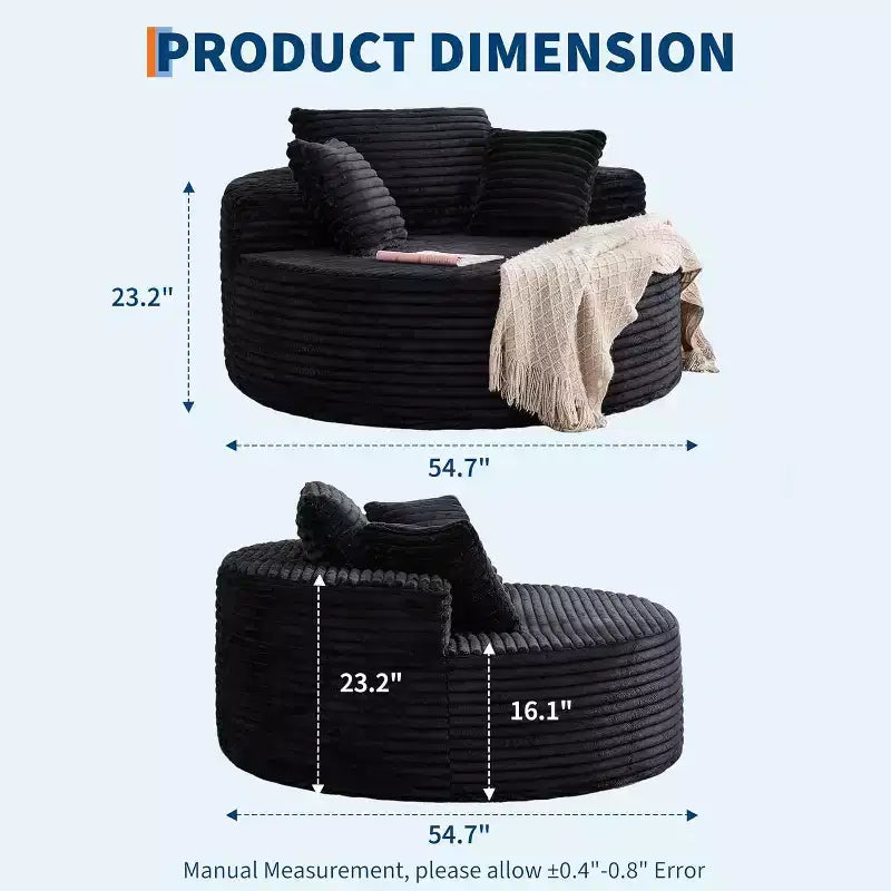 Canapé chaise longue en velours côtelé surdimensionné de 140 cm, canapé nuage profond sans structure avec oreillers pour salon et chambre