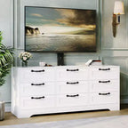 Meuble TV commode 55 po - Support (TV de 32 à 85 po), 9 tiroirs, centre de divertissement moderne en bois pour salon, chambre, appartement