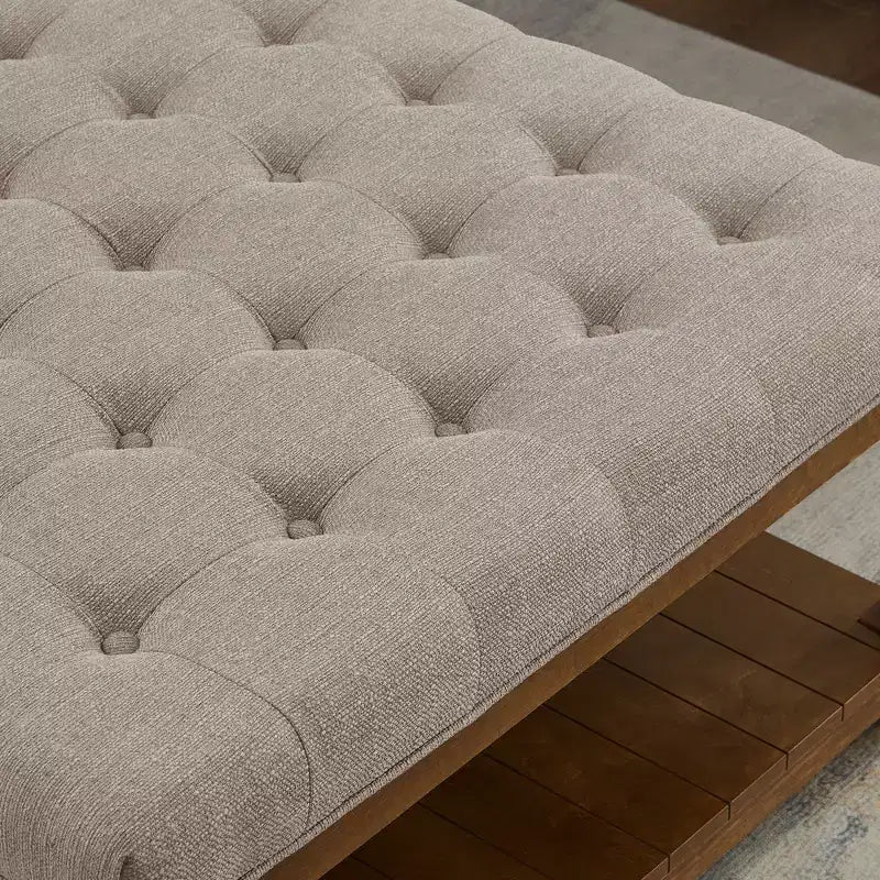 GDFStudio Chloe Pouf carré moderne en bois, rembourré en lin, capitonné avec étagère de rangement