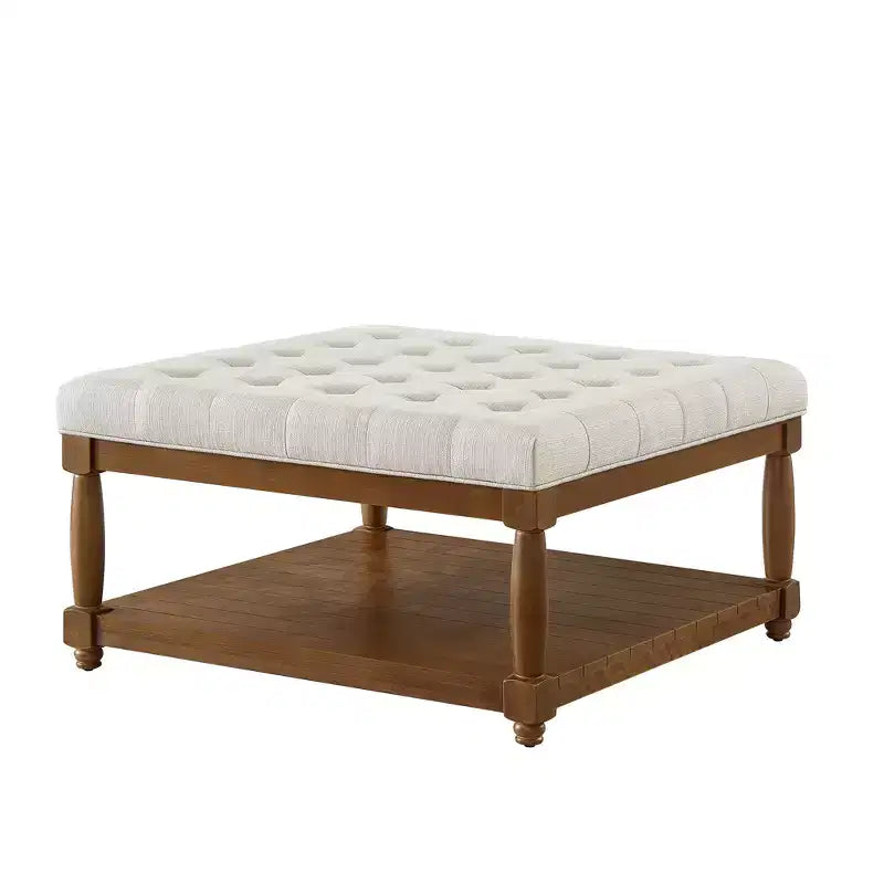 GDFStudio Chloe Pouf carré moderne en bois, rembourré en lin, capitonné avec étagère de rangement
