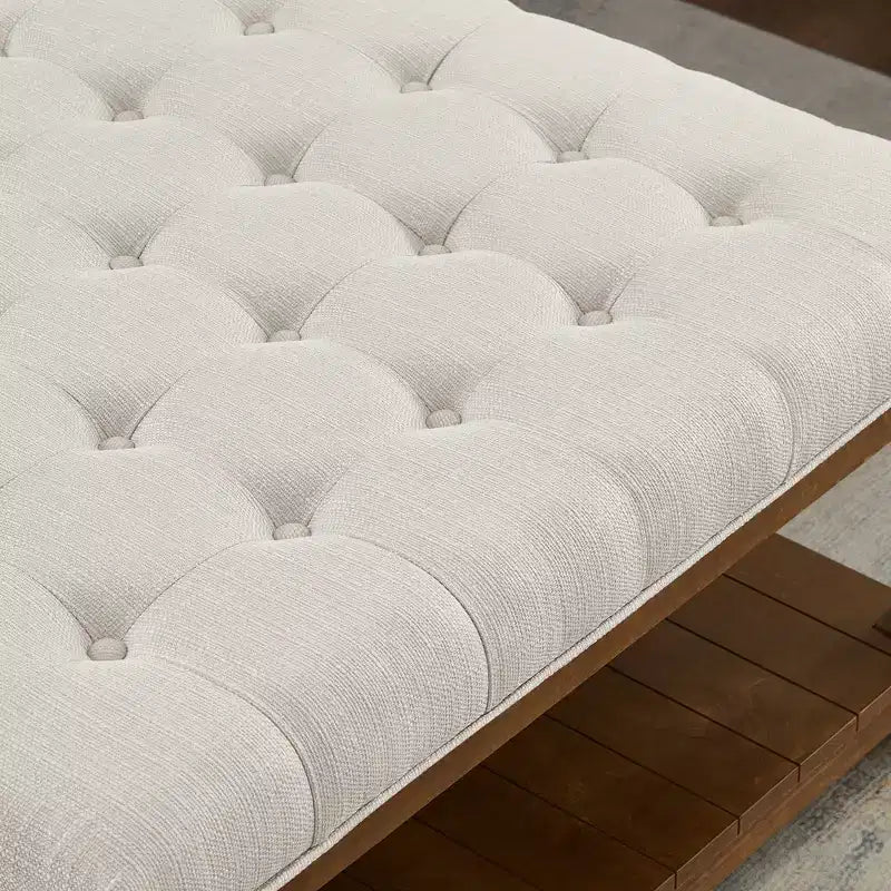 GDFStudio Chloe Pouf carré moderne en bois, rembourré en lin, capitonné avec étagère de rangement