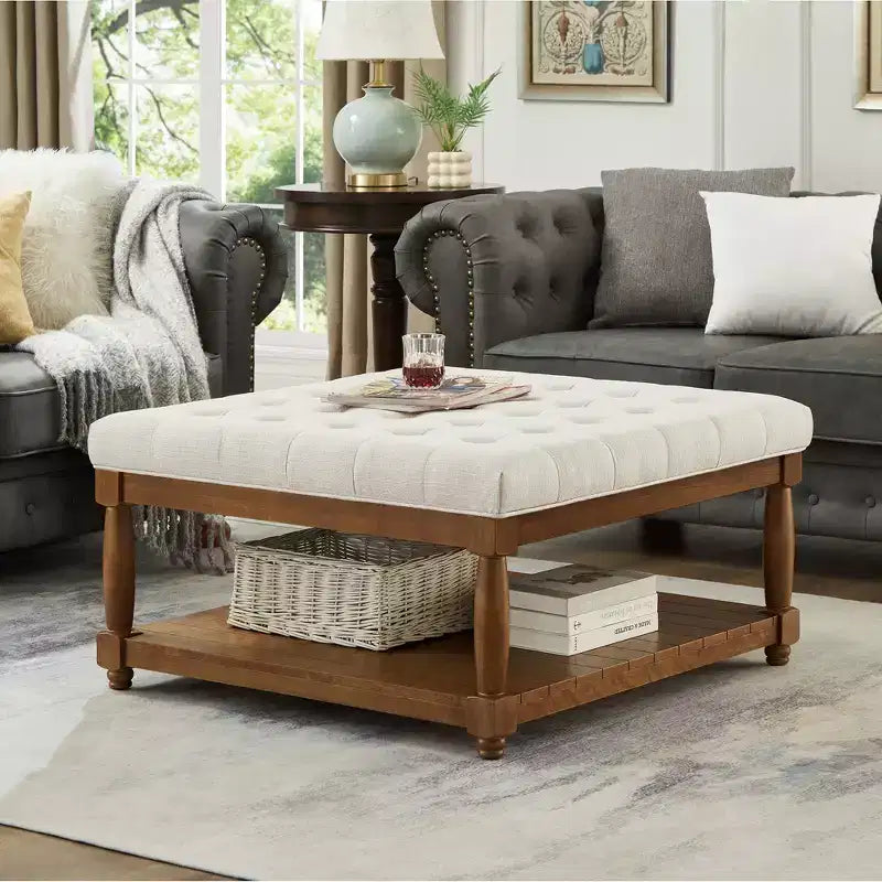 GDFStudio Chloe Modern Wooden Square Linen Upholstered Tufted Ottoman with Shelf Storage