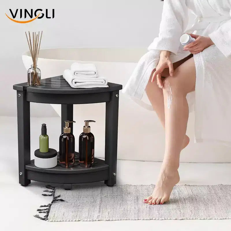 VINGLI Tabouret de douche d'angle en PEHD Siège de banc de douche étanche avec étagère de rangement et support de pomme de douche