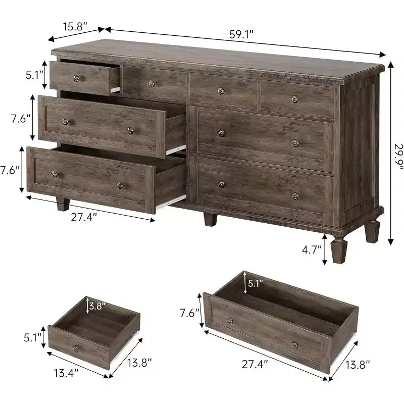 Commode à 8 tiroirs pour chambre à coucher, meuble TV vintage de 59 po avec poignées sculptées et pieds fuselés, commode en bois avec grande capacité de rangement