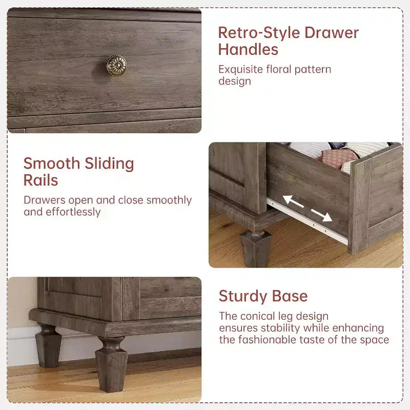 Commode à 8 tiroirs pour chambre à coucher, meuble TV vintage de 59 po avec poignées sculptées et pieds fuselés, commode en bois avec grande capacité de rangement