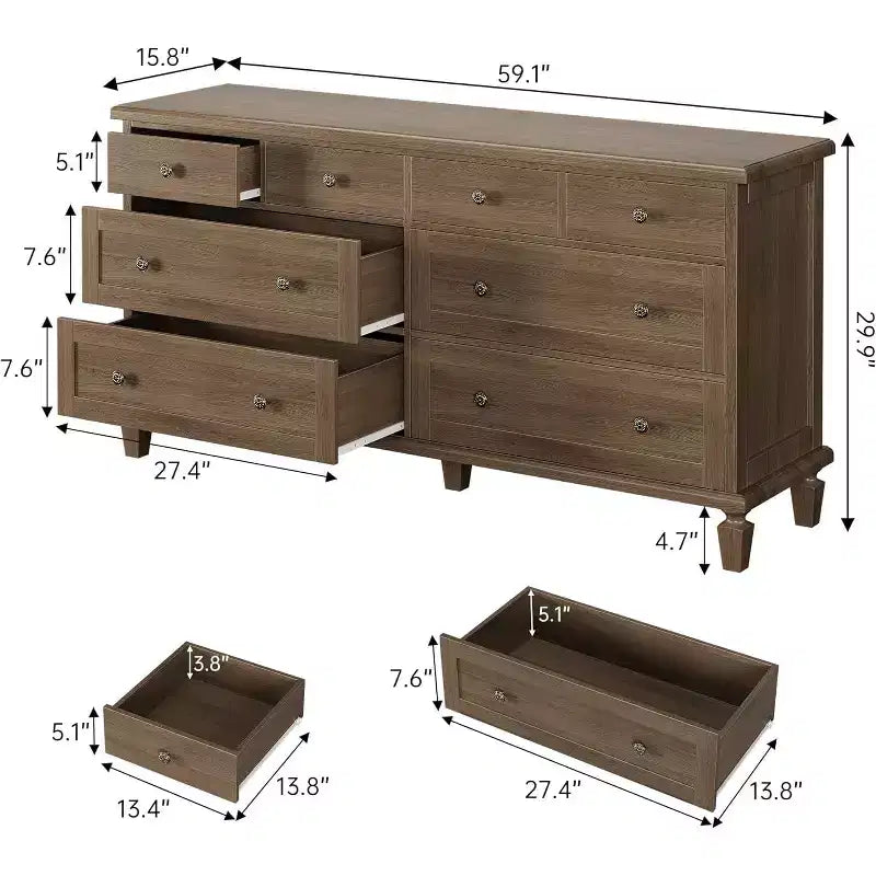 Commode à 8 tiroirs pour chambre à coucher, meuble TV vintage de 59 po avec poignées sculptées et pieds fuselés, commode en bois avec grande capacité de rangement