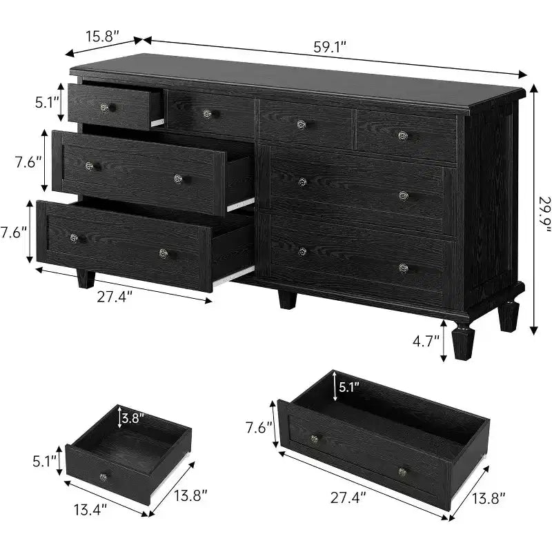 Commode à 8 tiroirs pour chambre à coucher, meuble TV vintage de 59 po avec poignées sculptées et pieds fuselés, commode en bois avec grande capacité de rangement