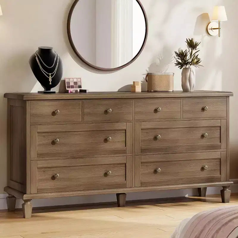 Commode à 8 tiroirs pour chambre à coucher, meuble TV vintage de 59 po avec poignées sculptées et pieds fuselés, commode en bois avec grande capacité de rangement