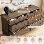 Commode à 8 tiroirs pour chambre à coucher, meuble TV vintage de 59 po avec poignées sculptées et pieds fuselés, commode en bois avec grande capacité de rangement