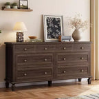 Commode à 8 tiroirs pour chambre à coucher, meuble TV vintage de 59 po avec poignées sculptées et pieds fuselés, commode en bois avec grande capacité de rangement