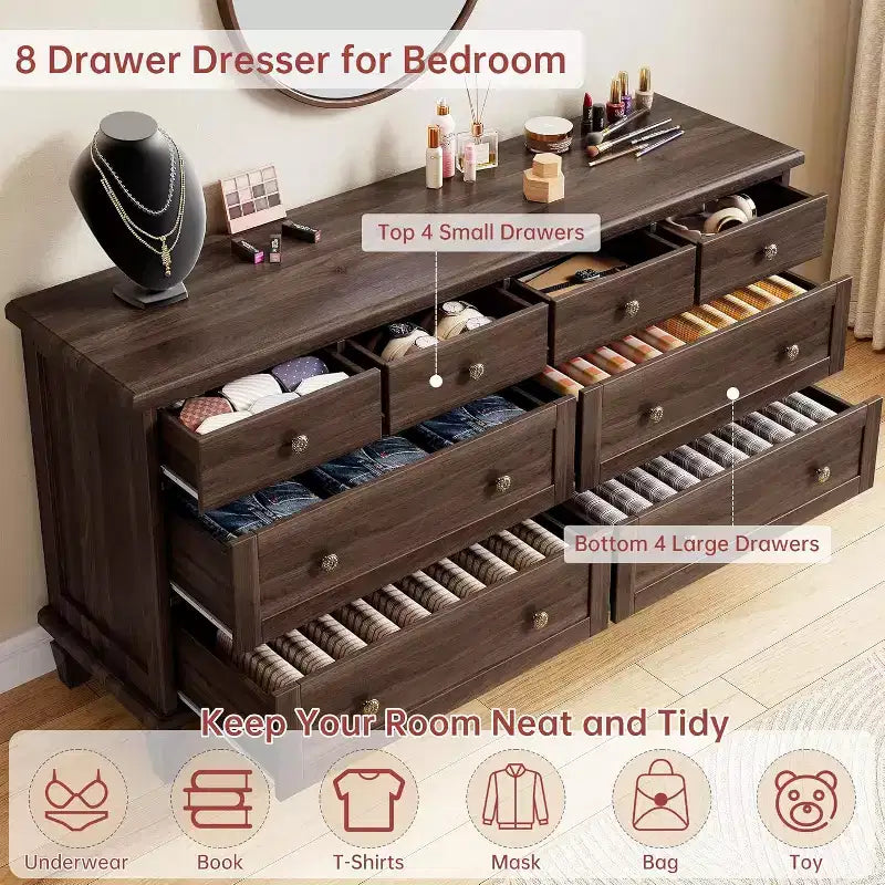 Commode à 8 tiroirs pour chambre à coucher, meuble TV vintage de 59 po avec poignées sculptées et pieds fuselés, commode en bois avec grande capacité de rangement