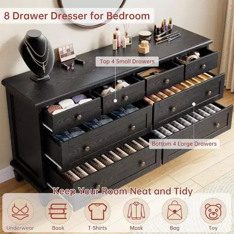 Commode à 8 tiroirs pour chambre à coucher, meuble TV vintage de 59 po avec poignées sculptées et pieds fuselés, commode en bois avec grande capacité de rangement