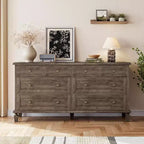 Commode à 8 tiroirs pour chambre à coucher, meuble TV vintage de 59 po avec poignées sculptées et pieds fuselés, commode en bois avec grande capacité de rangement