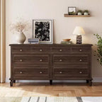 Commode à 8 tiroirs pour chambre à coucher, meuble TV vintage de 59 po avec poignées sculptées et pieds fuselés, commode en bois avec grande capacité de rangement