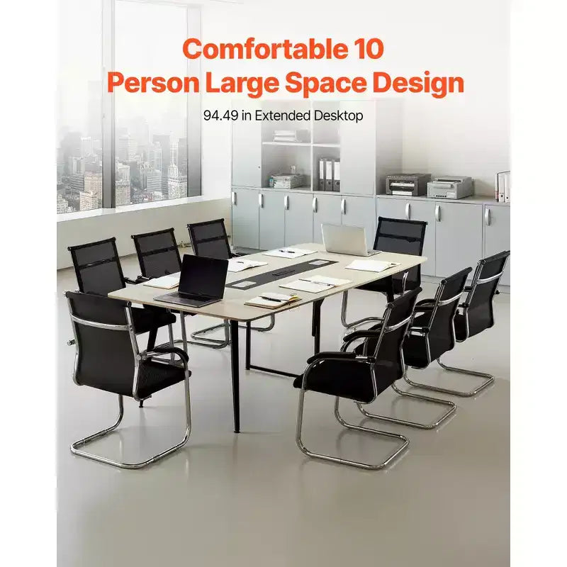Table de conférence VEVOR, table de réunion de bureau en forme de bateau de 2,4 m avec station de recharge pour 10 personnes, bureau de réunion moderne en forme de bateau avec pieds en métal, beige