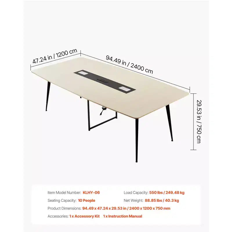 Table de conférence VEVOR, table de réunion de bureau en forme de bateau de 2,4 m avec station de recharge pour 10 personnes, bureau de réunion moderne en forme de bateau avec pieds en métal, beige