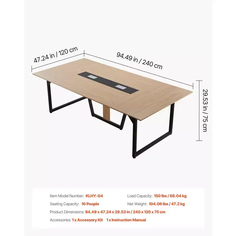 Table de conférence VEVOR, table de réunion de bureau de 2,4 m pour 10 personnes, bureau de séminaire rectangulaire moderne avec pieds en métal, grande table de réunion pour le bureau, marron