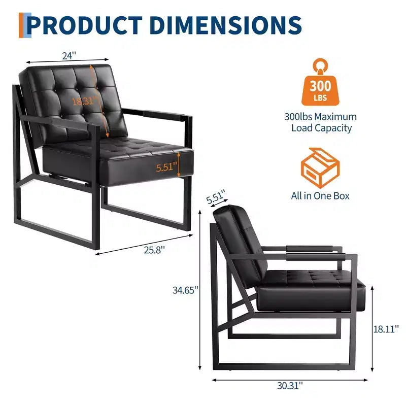 Fauteuil d'appoint du milieu du siècle - Fauteuil en similicuir avec pieds en métal pour salon, chambre, bureau, réception - Noir