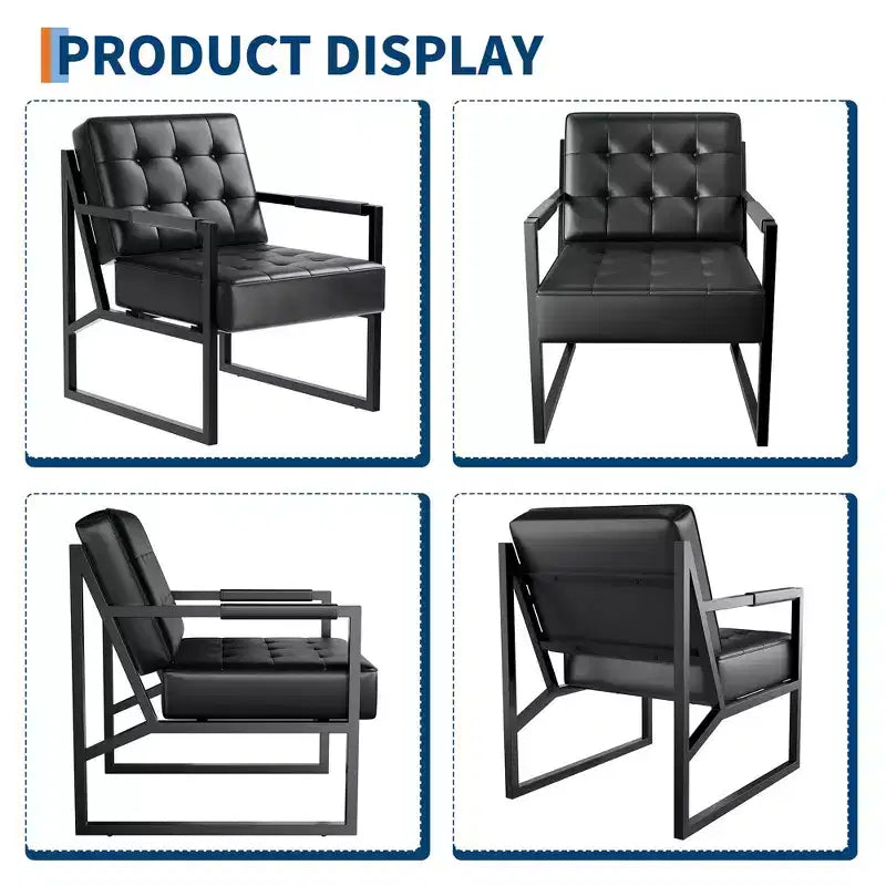 Fauteuil d'appoint du milieu du siècle - Fauteuil en similicuir avec pieds en métal pour salon, chambre, bureau, réception - Noir