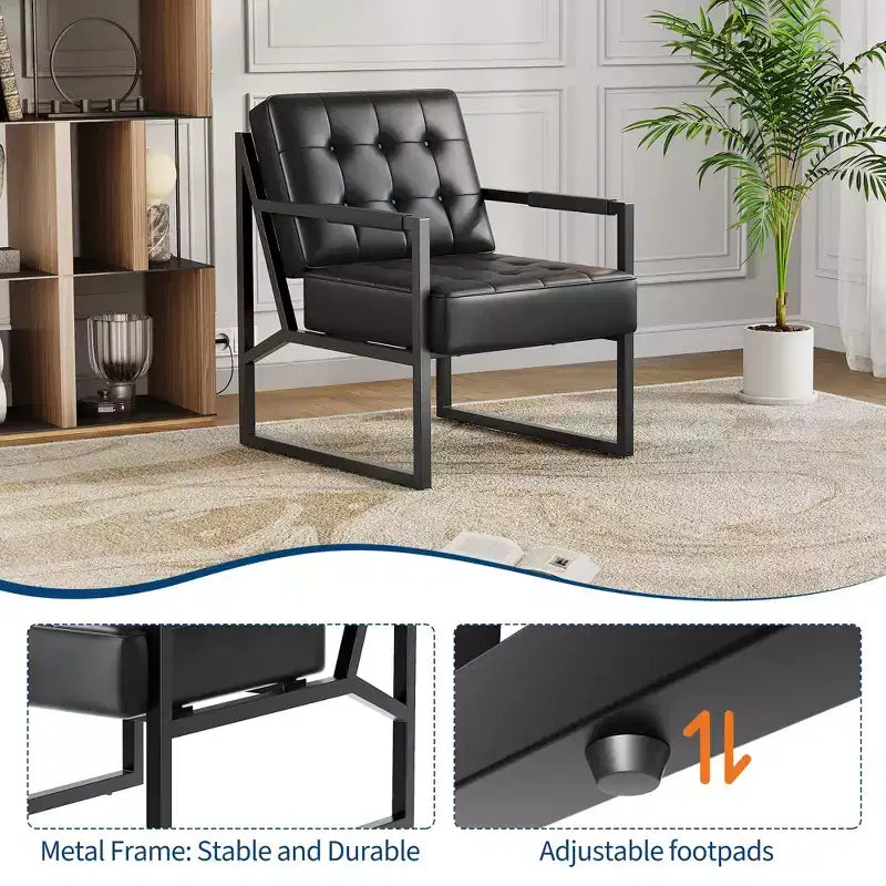 Fauteuil d'appoint du milieu du siècle - Fauteuil en similicuir avec pieds en métal pour salon, chambre, bureau, réception - Noir